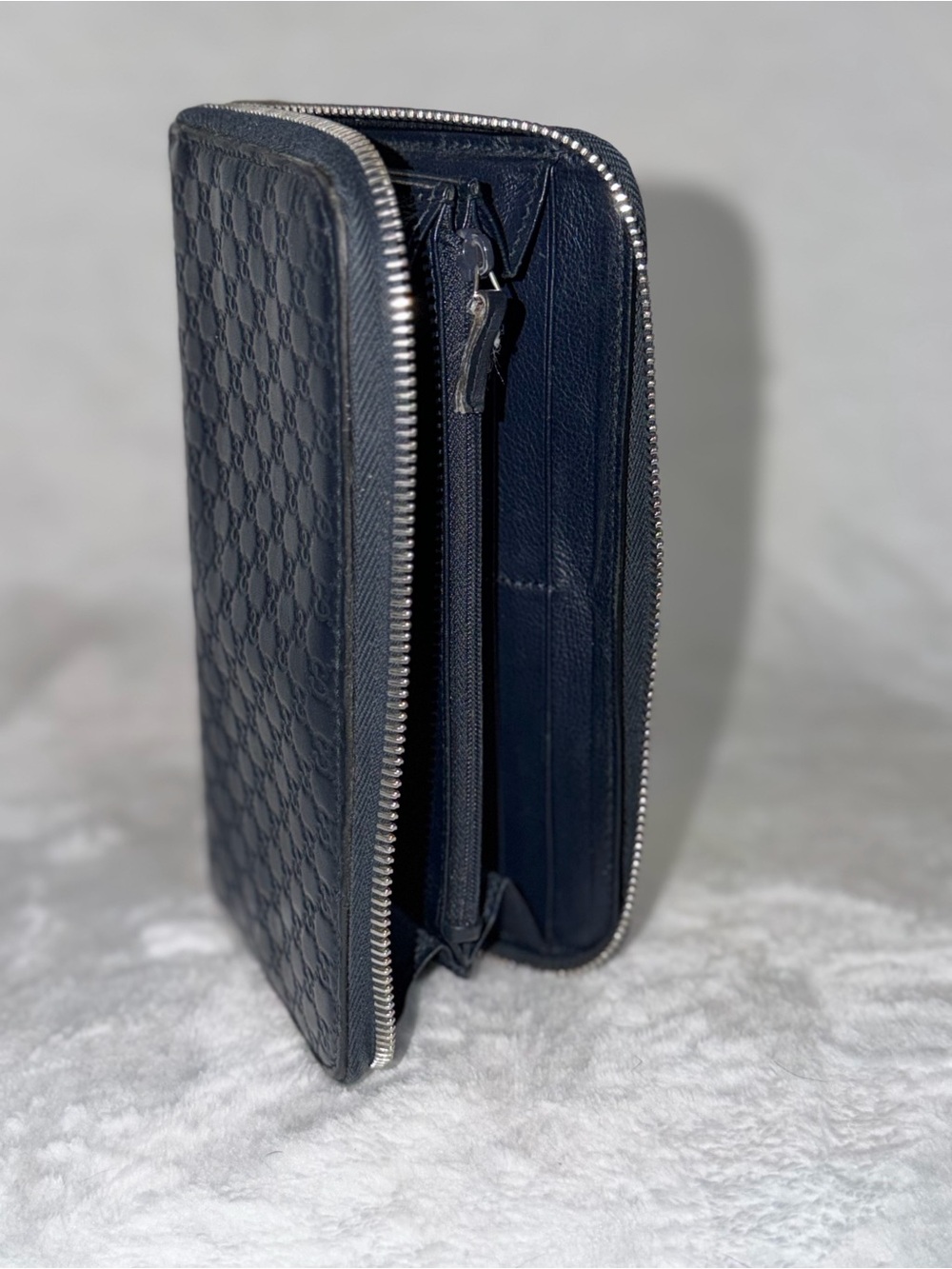 Gucci Navy Zip-Around GG Embossed Leather Wallet with Silver Hardware